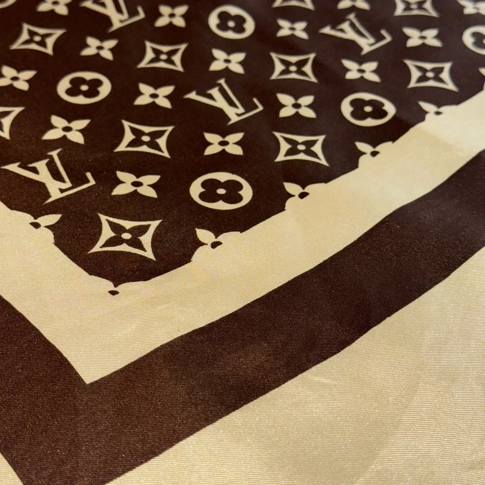 RARE VINTAGE LOUIS VUITTON Brown and Beige LV Monogram Silk Scarf - Picture 7 of 8